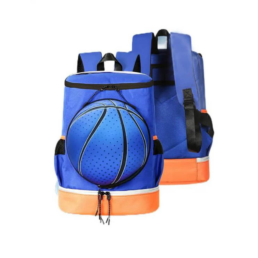 Blue and orange sports backpack with front ball compartment