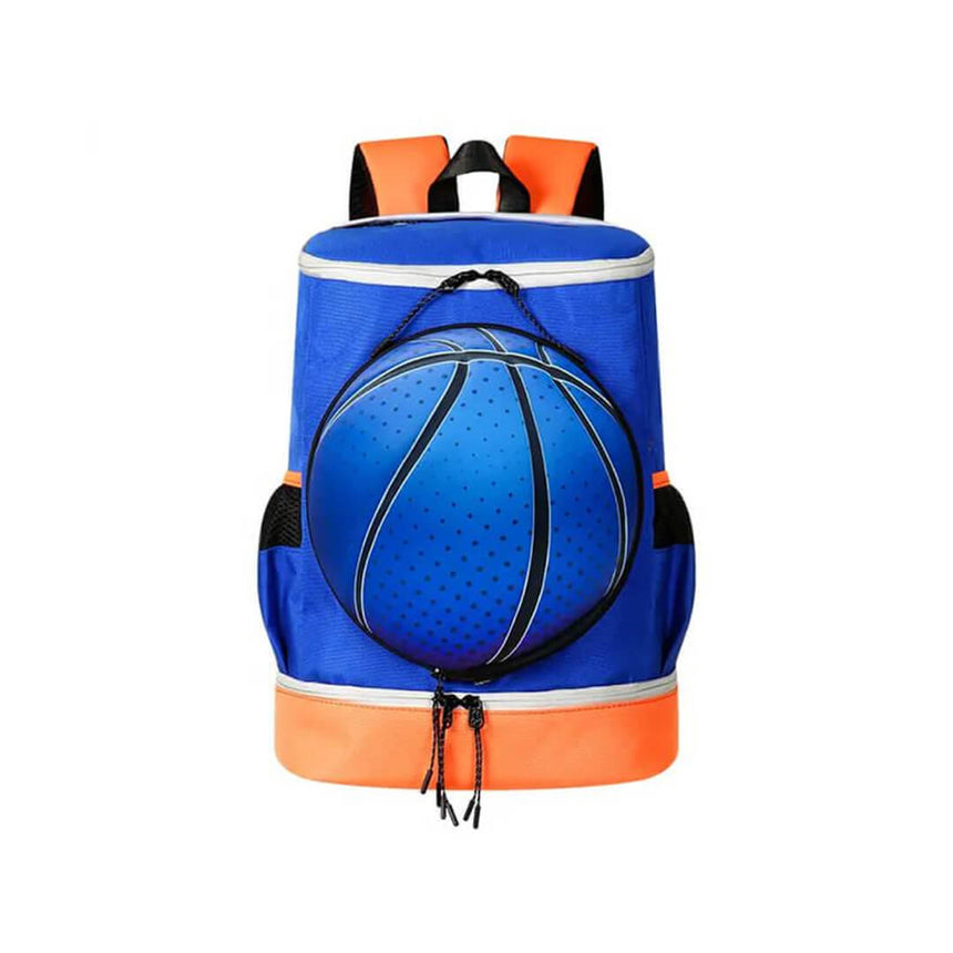 Basketball school backpack with separate front ball pocket, blue and orange color