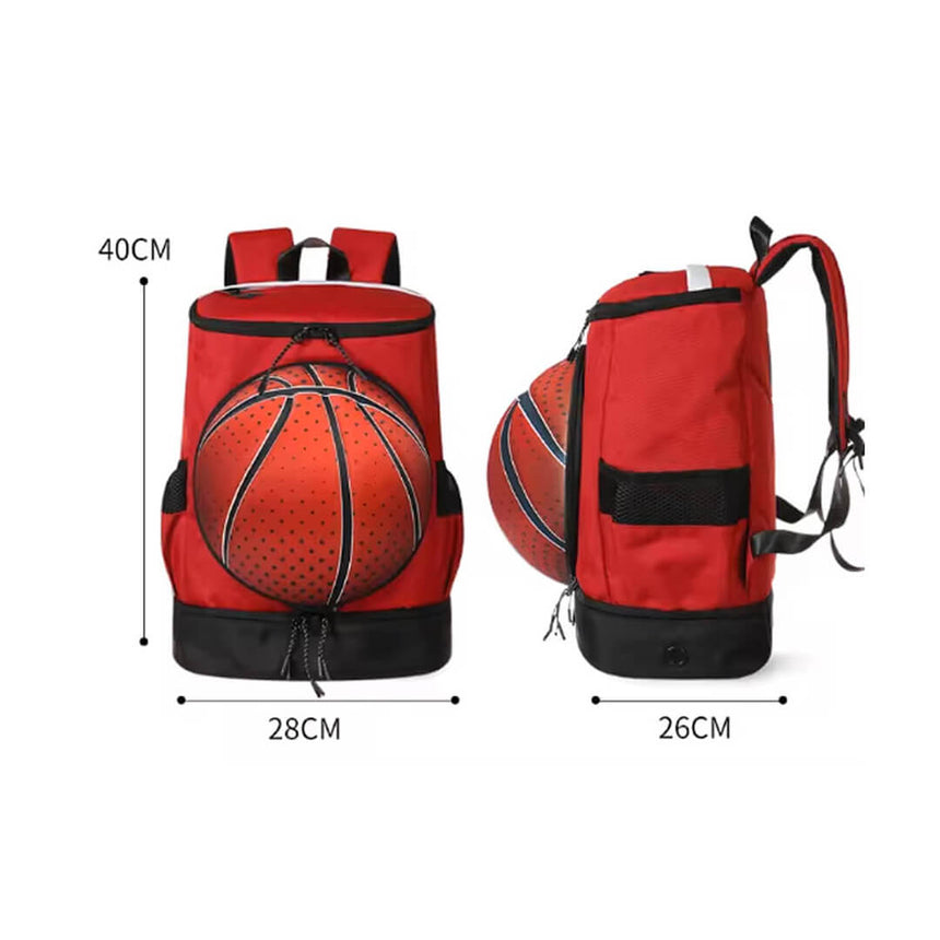 Basketball school backpack with separate front ball pocket, red and black color