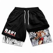 Black shorts with 'BAKI' branding and anime character design on a white background