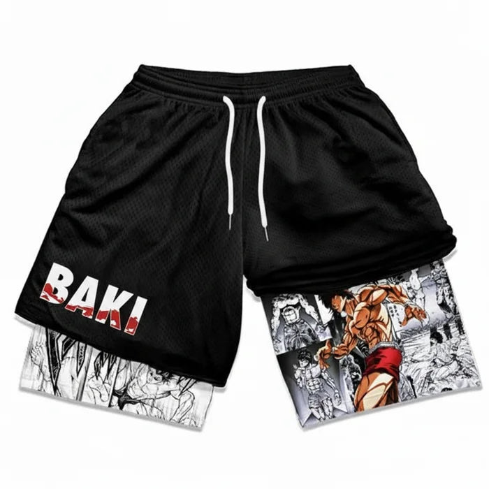 Black shorts with 'BAKI' branding and anime character design on a white background