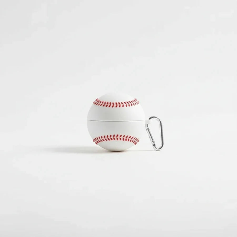 Baseball-shaped air pod case with carabiner on a white background