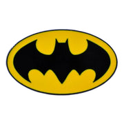 A classic Batman logo emblem, featuring a bold black bat silhouette centered within a bright yellow oval, set against a plain white background.