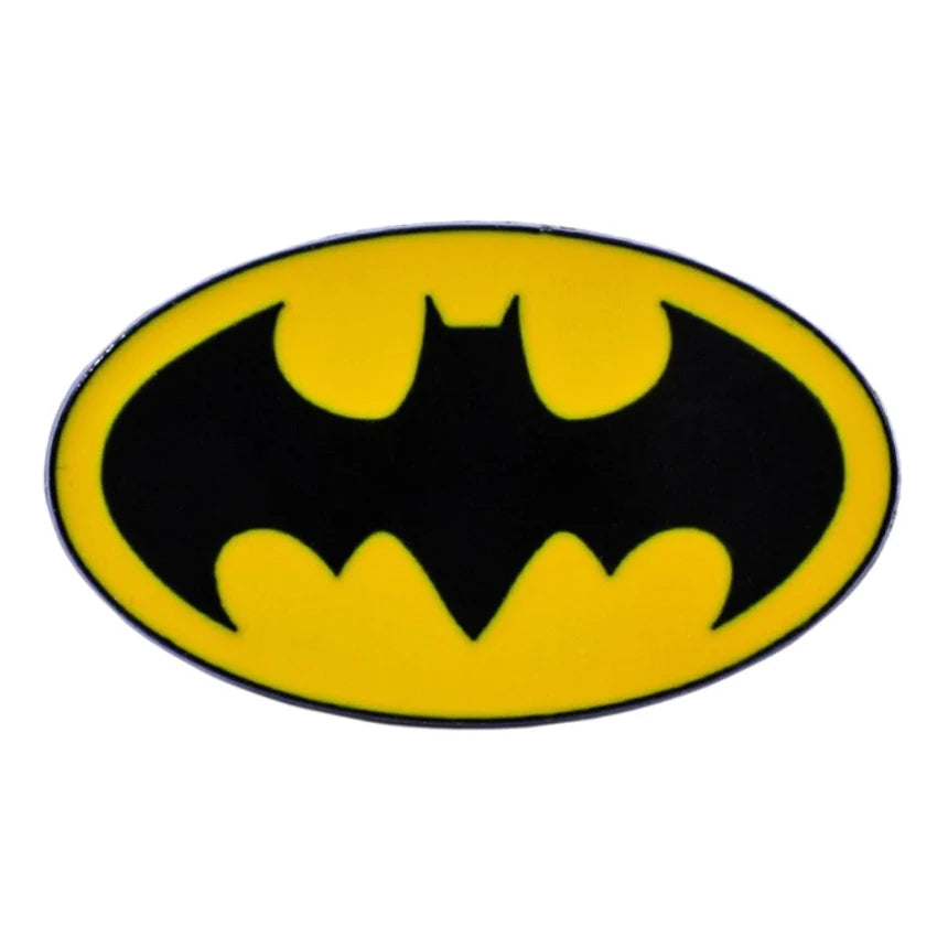 A classic Batman logo emblem, featuring a bold black bat silhouette centered within a bright yellow oval, set against a plain white background.