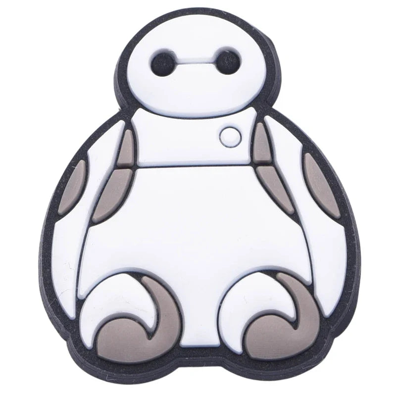 White and gray robot-like character on a white background
