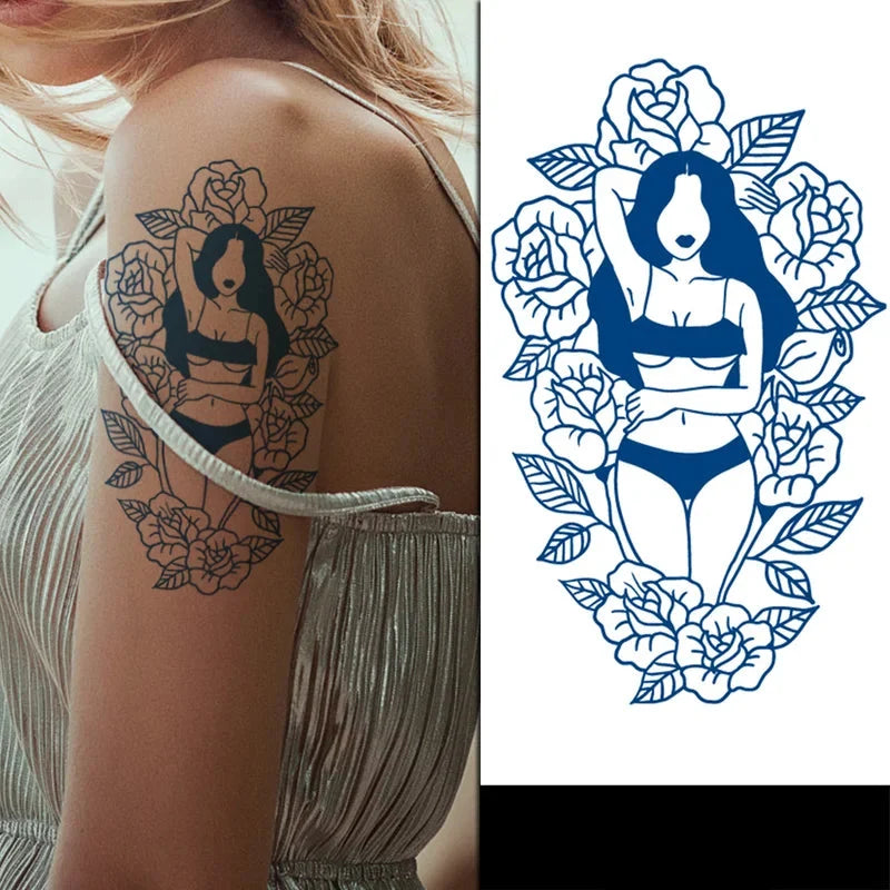 jagua tattoo on a womans arm of a woman laying on a flower bed
