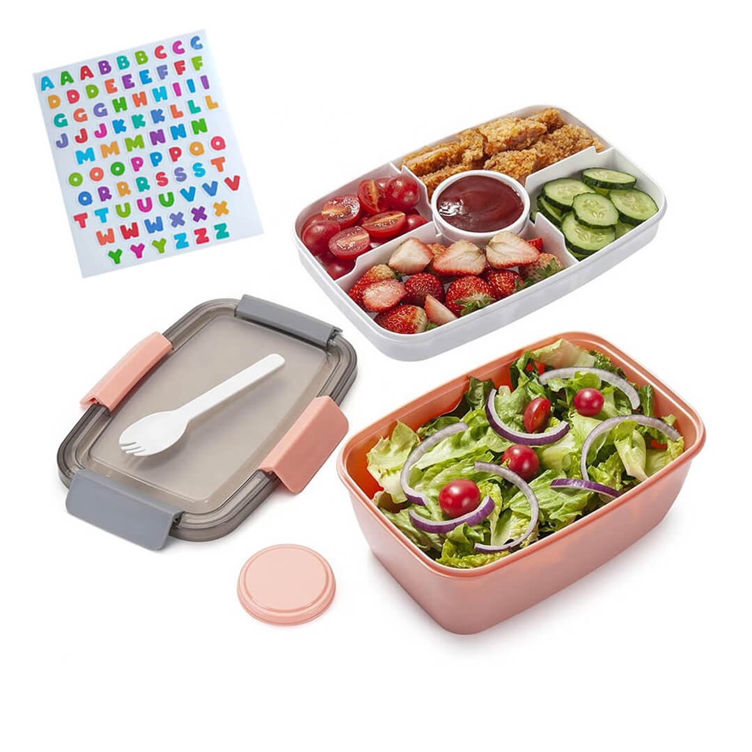School lunch box with removable tray, sauce cup, FORK & abc stickers, pink