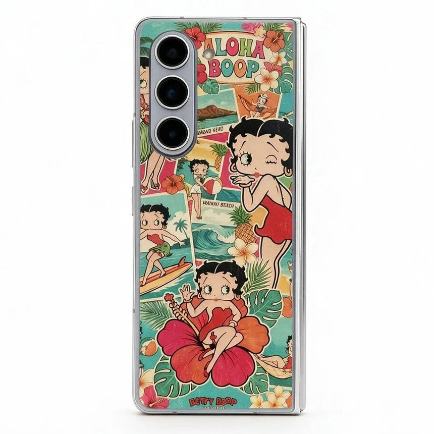 A protective phone case featuring a retro-style cartoon illustration of Betty Boop in Hawaiian-themed settings, including a beach scene and a large red hibiscus flower, with 'ALOHA BOOP' text at the top.
