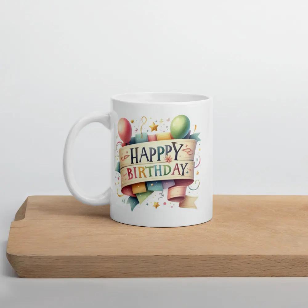 White ceramic birthday mug with custom design