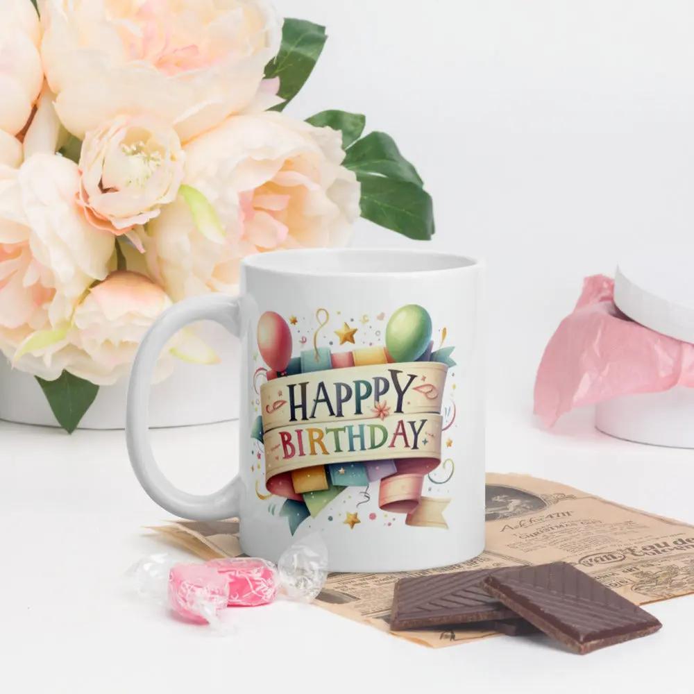 White ceramic birthday mug with custom design