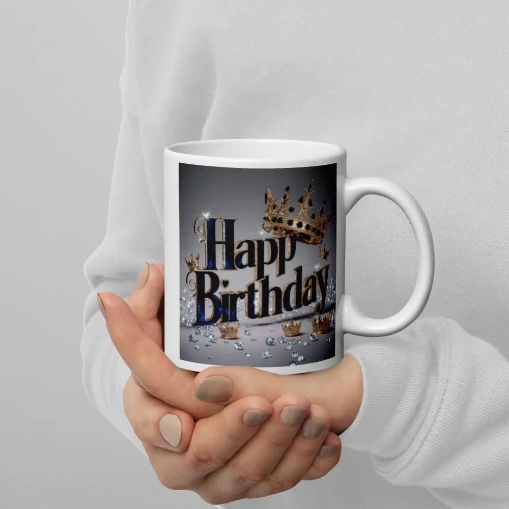 White ceramic birthday mug with custom design