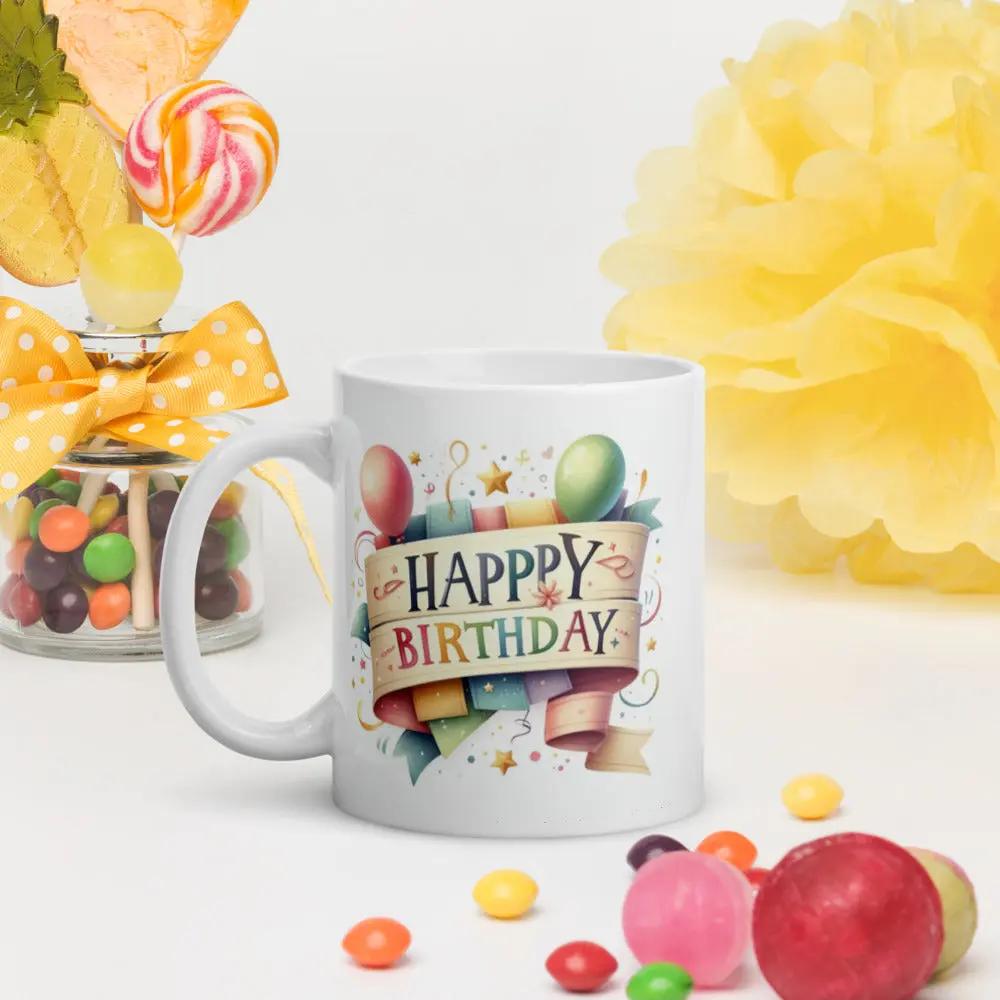 White ceramic birthday mug with custom design