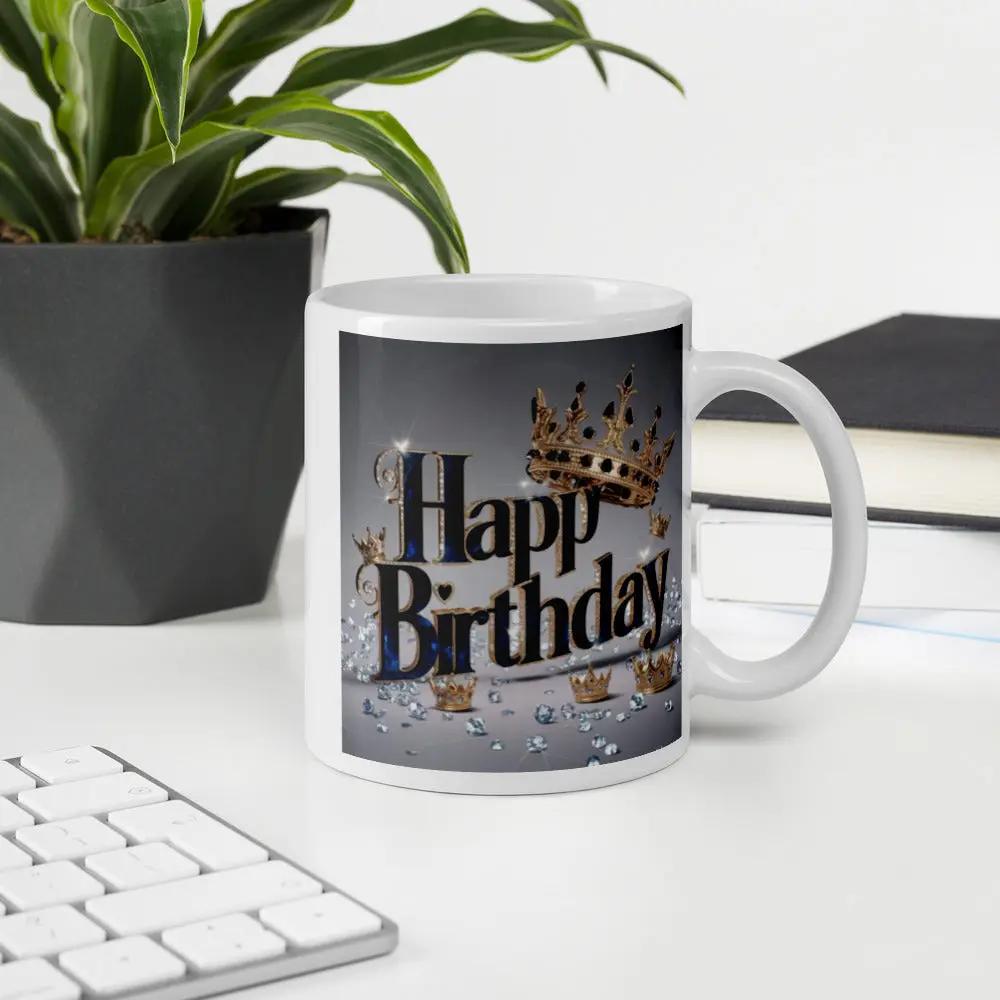 White ceramic birthday mug with custom design