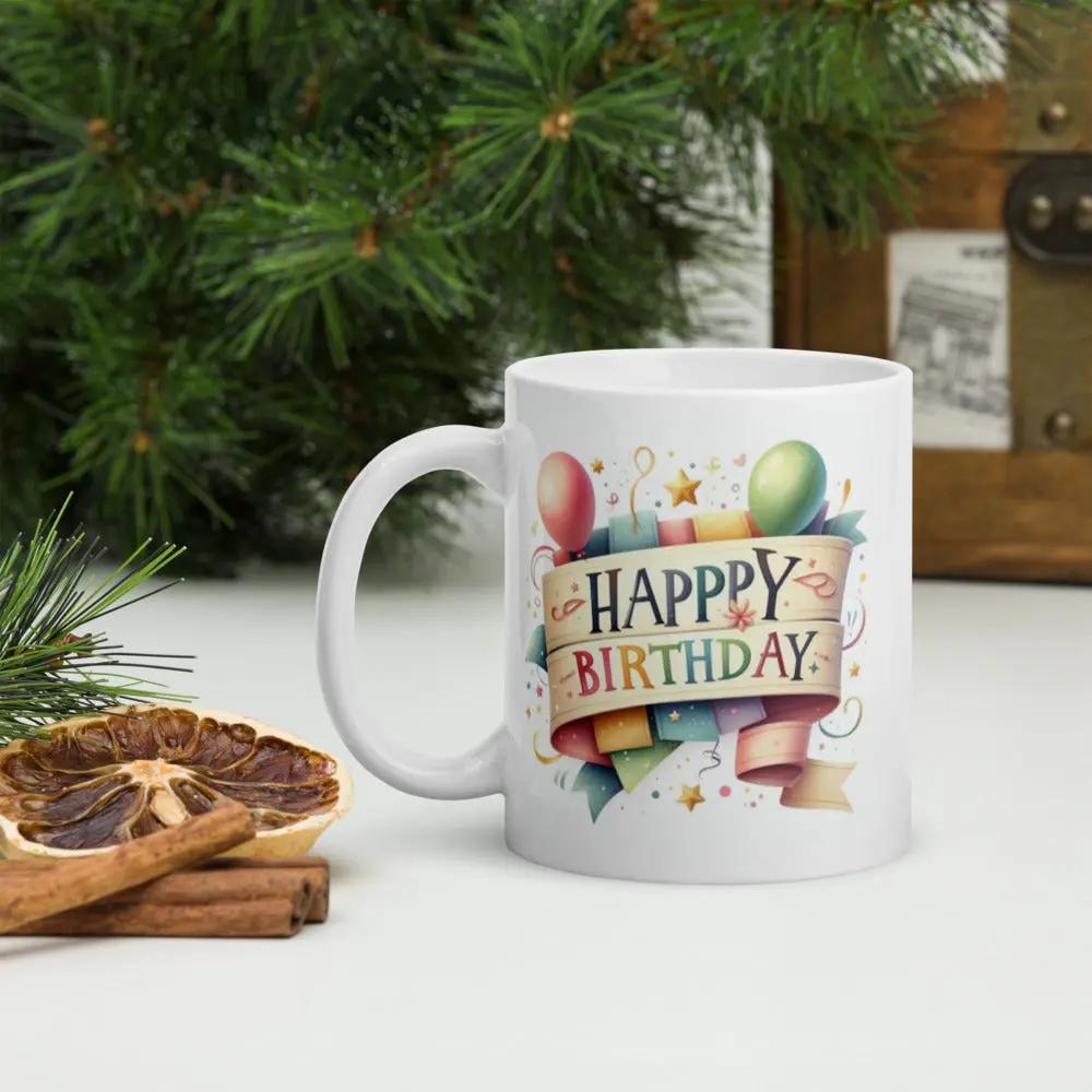 White ceramic birthday mug with custom design