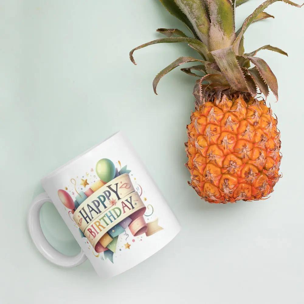 White ceramic birthday mug with custom design