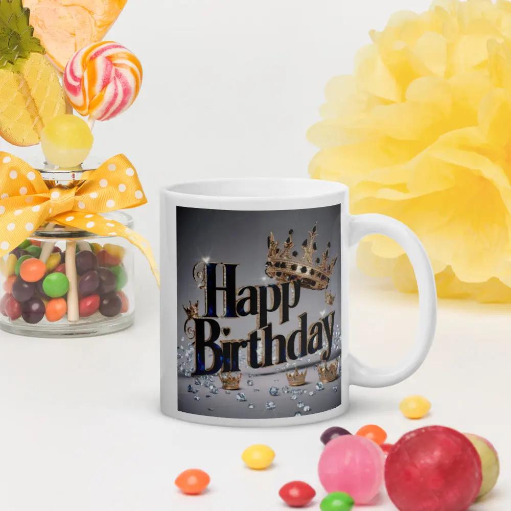 White ceramic birthday mug with custom design