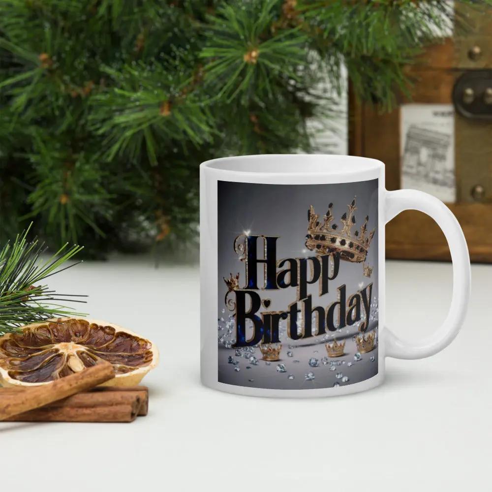 White ceramic birthday mug with custom design
