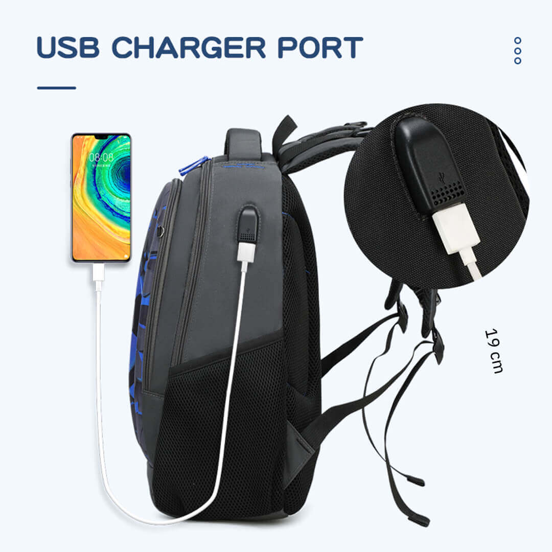 Football backpack with breathable padded back and USB charger port