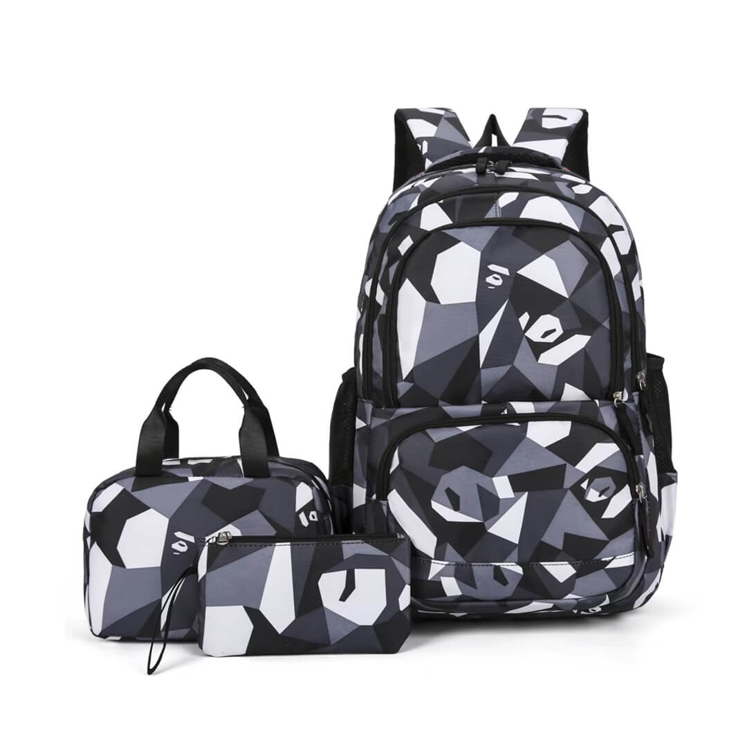 Geometric school backpack set with grey, black & white triangle pattern design