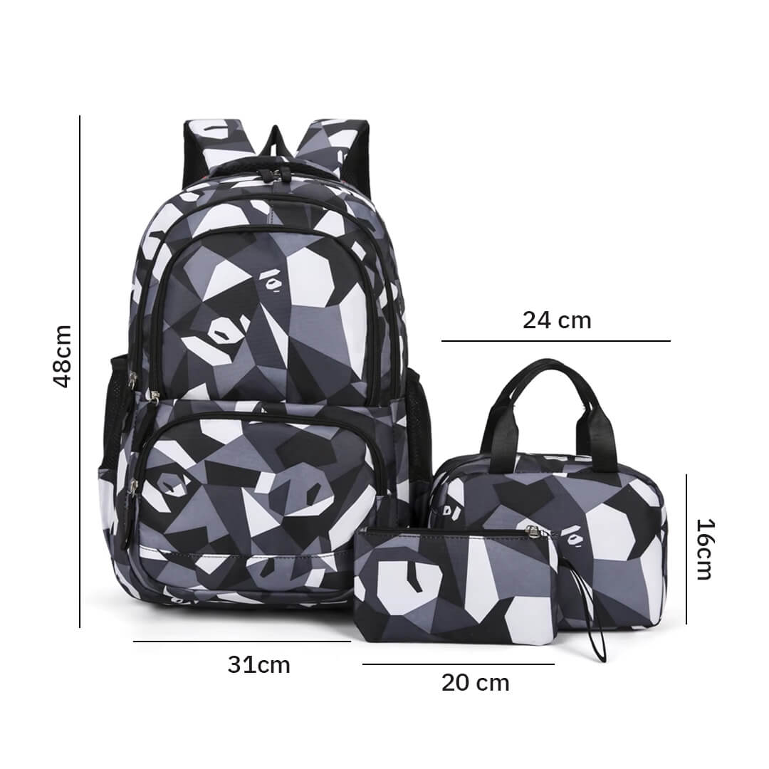 School backpack set with grey, black & white triangle pattern design, dimensions