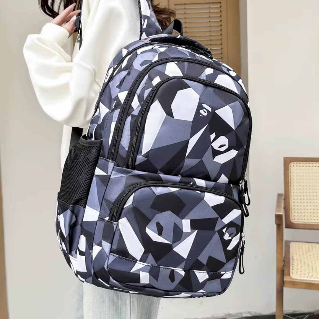 Stylish grey triangle backpack with lunch bag and pencil case, grade 4 - 9
