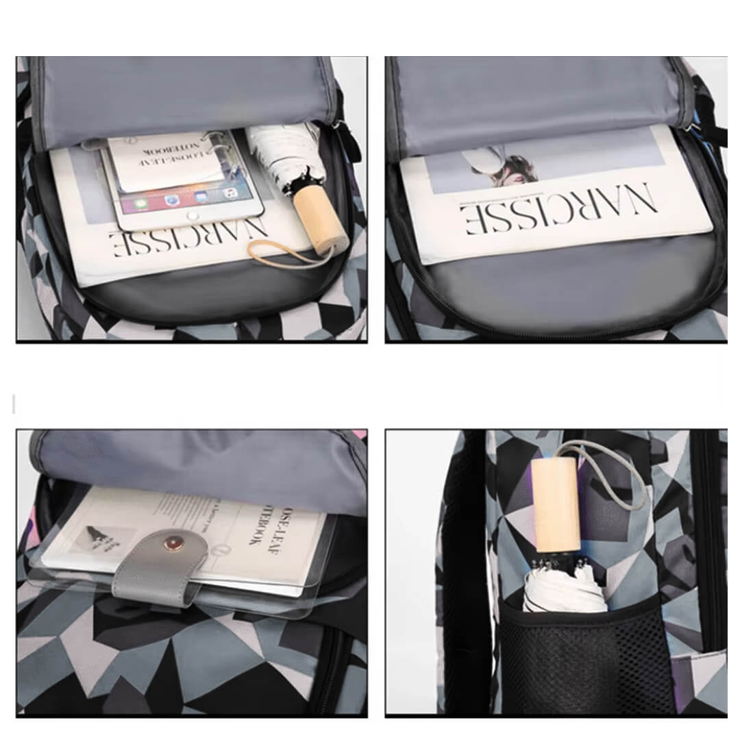 Geometric school backpack set with triangle pattern design with multi-compartments