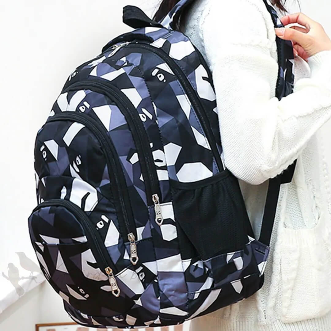 Geometric school backpack set with triangle pattern design, large capacity