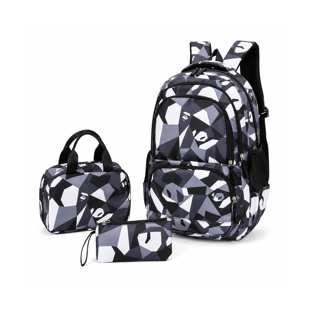 Black and grey geometrics school backpack with matching lunch bag and pecil case