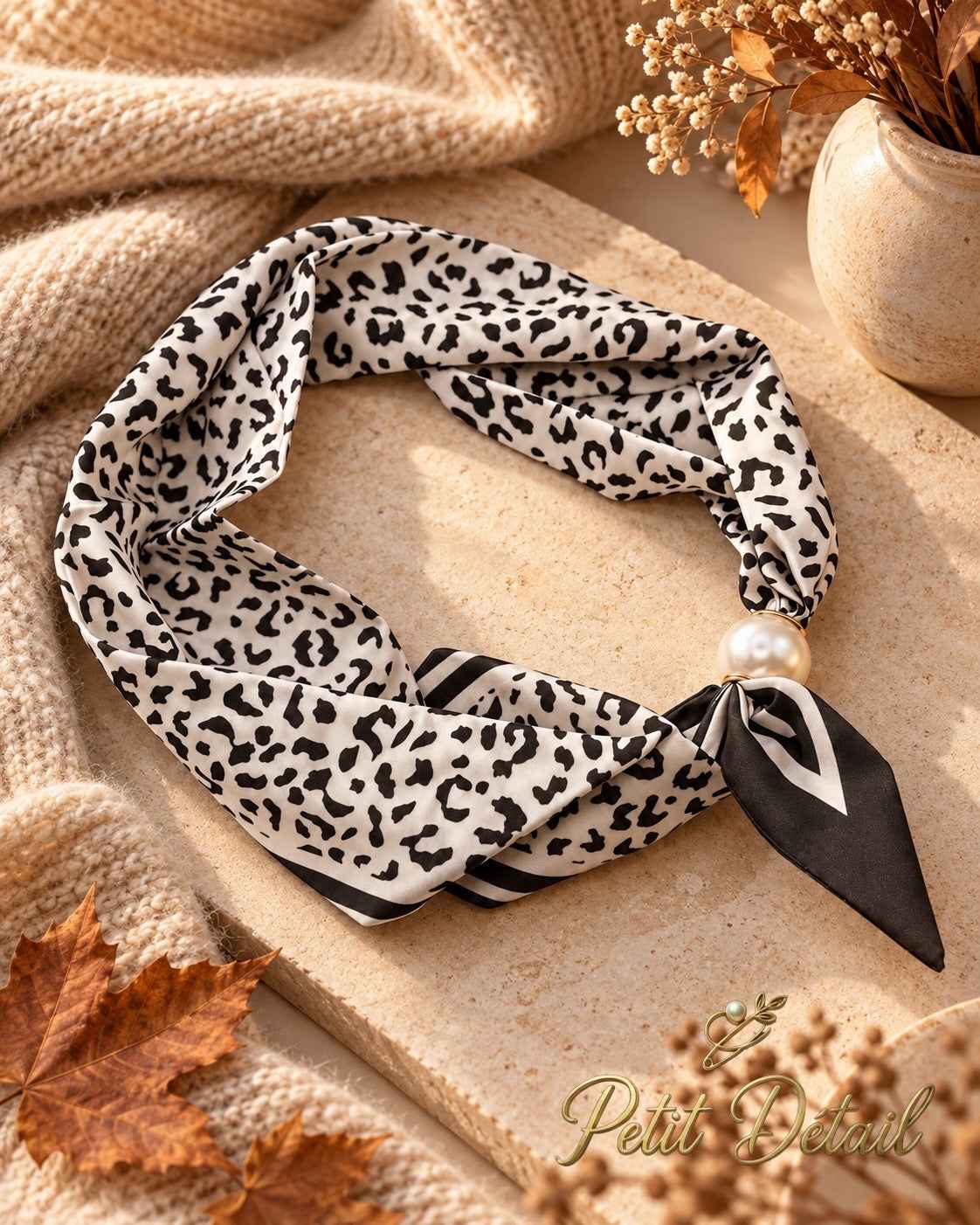 Black & Ivory Leopard Print Magnetic Scarf Petit Détail Lebanon
