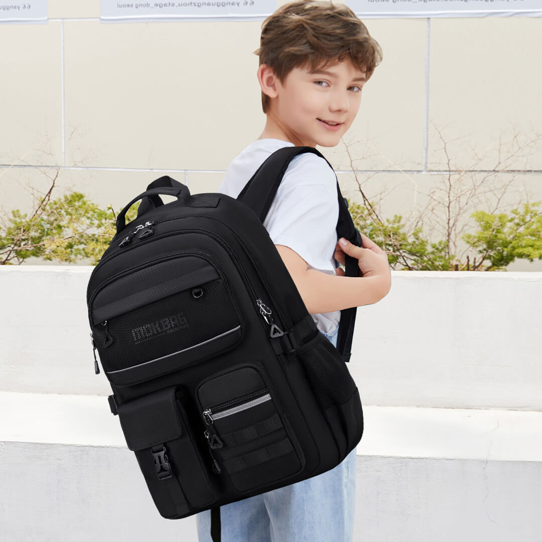 Large-capacity black school backpack, water-resistant polyester material