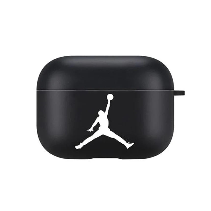 Black AirPods case with a white logo on a white background