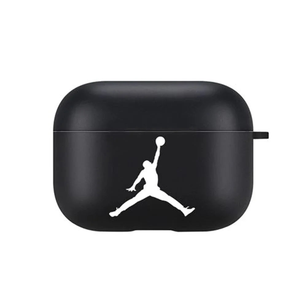 Black AirPods case with a white logo on a white background