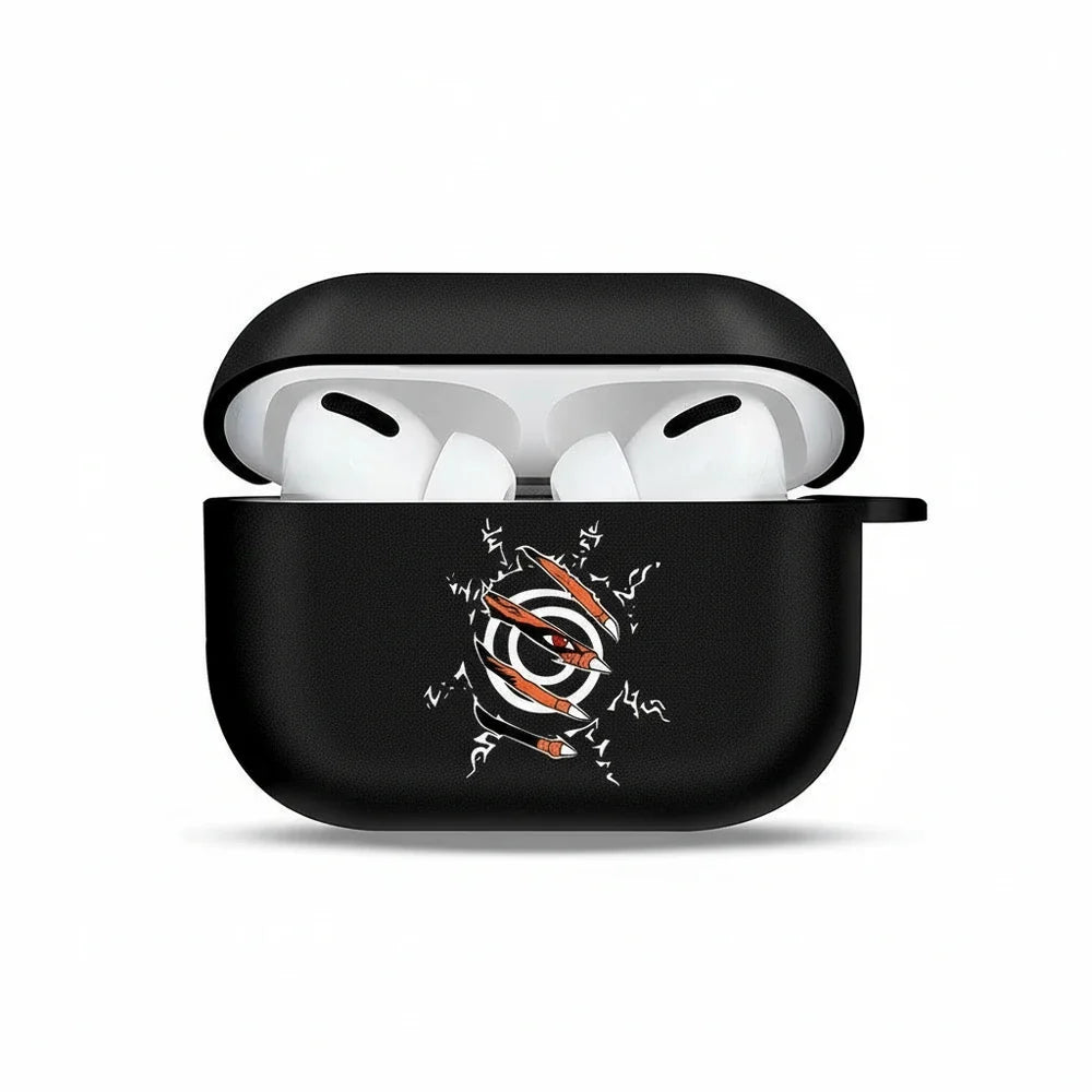 Black AirPods case with a design on a white background