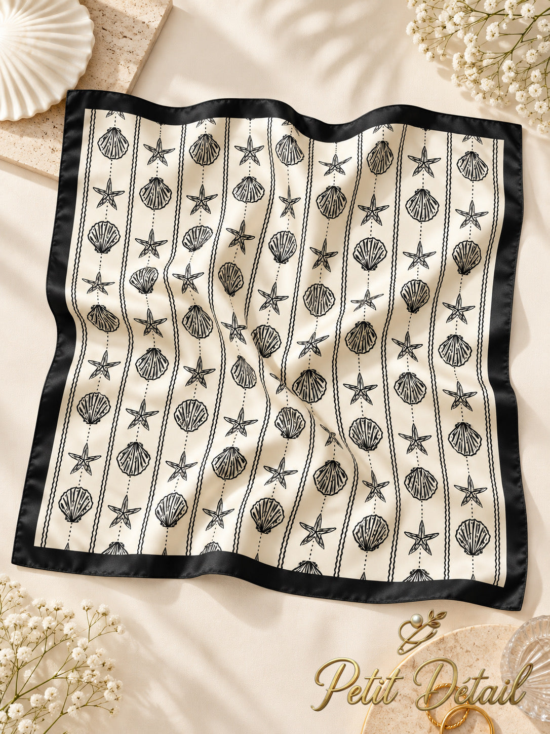 Black Seashell & Starfish Square Scarf — 70 × 70 cm Petit Détail Lebanon