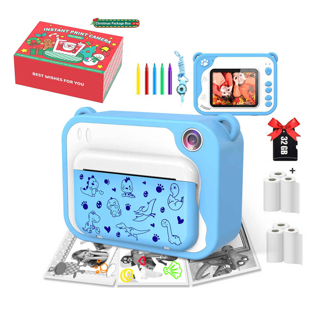 Blue dino instant print camera with accessories and christmas box