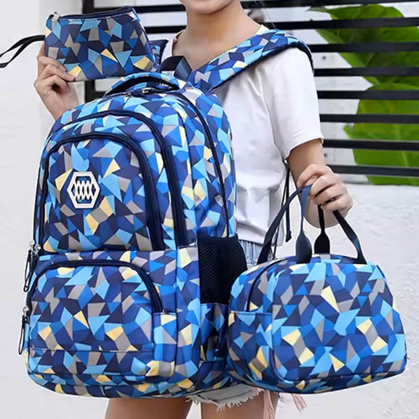 School backpack combo with shoulder bag and pencil pouch in blue tones