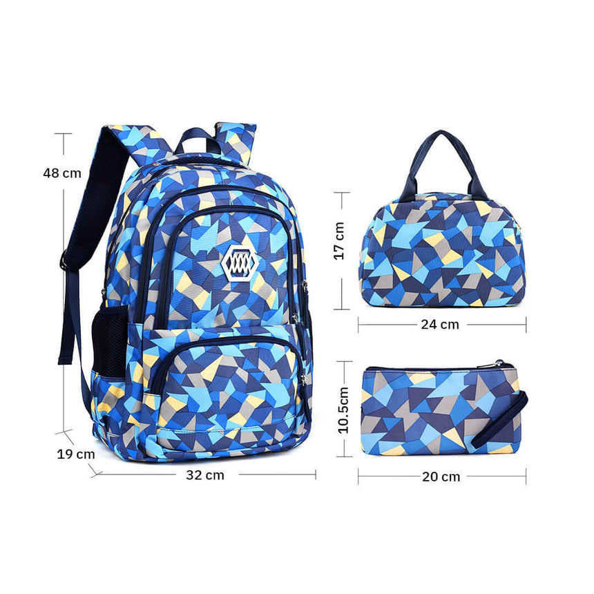 Blue geometric backpack set with shoulder bag and pencil case, dimensions