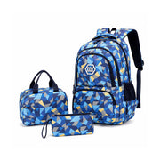 Blue shaded geometric school backpack with matching lunch bag and pencil case