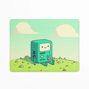 Cartoon character in a green device on a grassy field with clouds