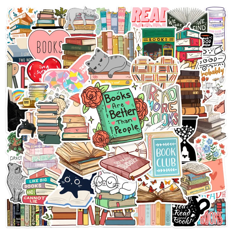 Collection of book-themed stickers with various book-related designs and text.