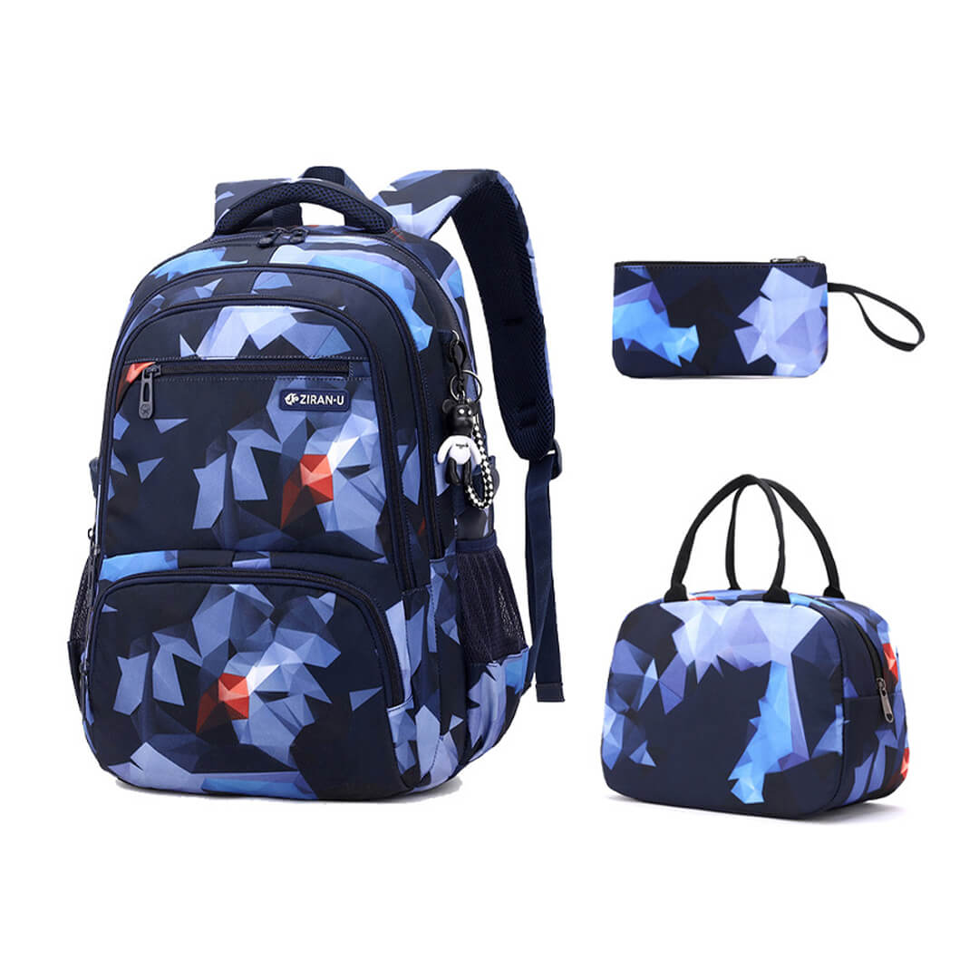 Geometric blue & black backpack with lunch bag and pencil case set