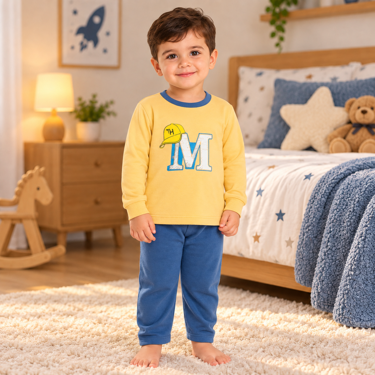 Boys mustard M pajama set on child in bedroom