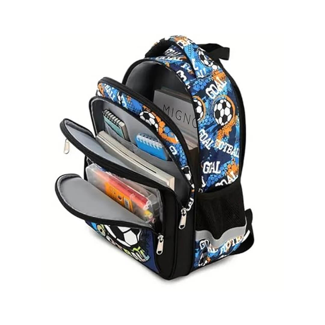 Backpack with sports-themed design with multi-cpmpartments