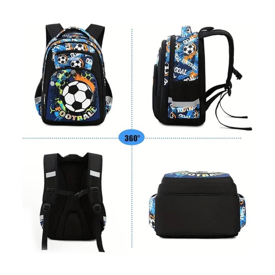 Football-themed backpack with roomy compartments for primary classes