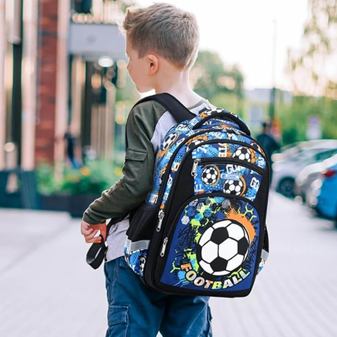 Child wearing a colorful backpack with sports-themed design