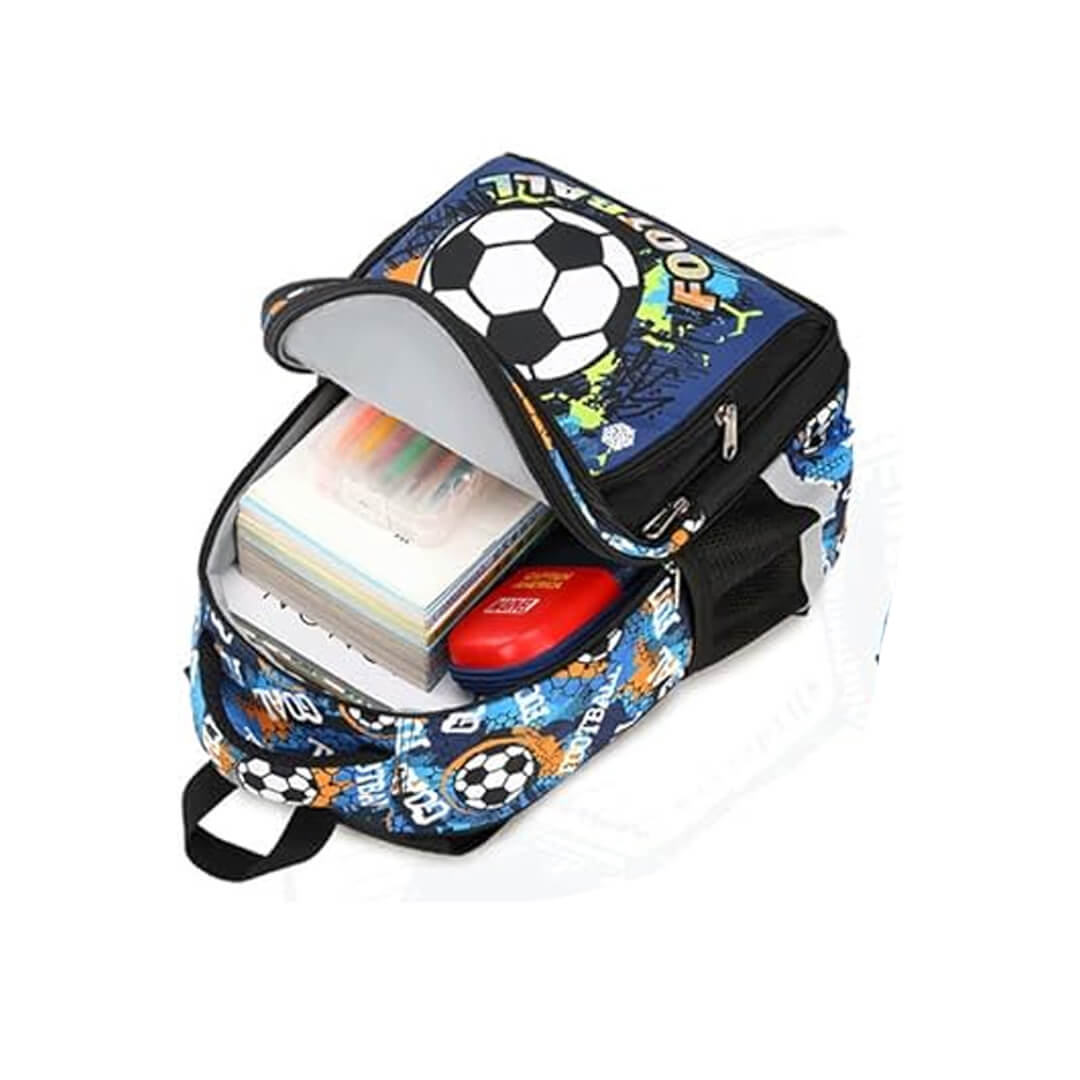 Backpack with soccer ball design containing stationery and books