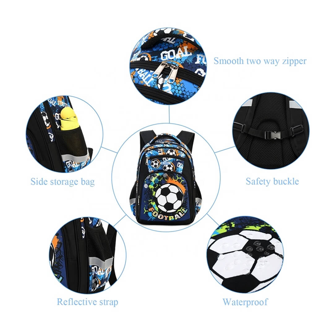 Football design school backpack for boys aged 5–10, detailed shots