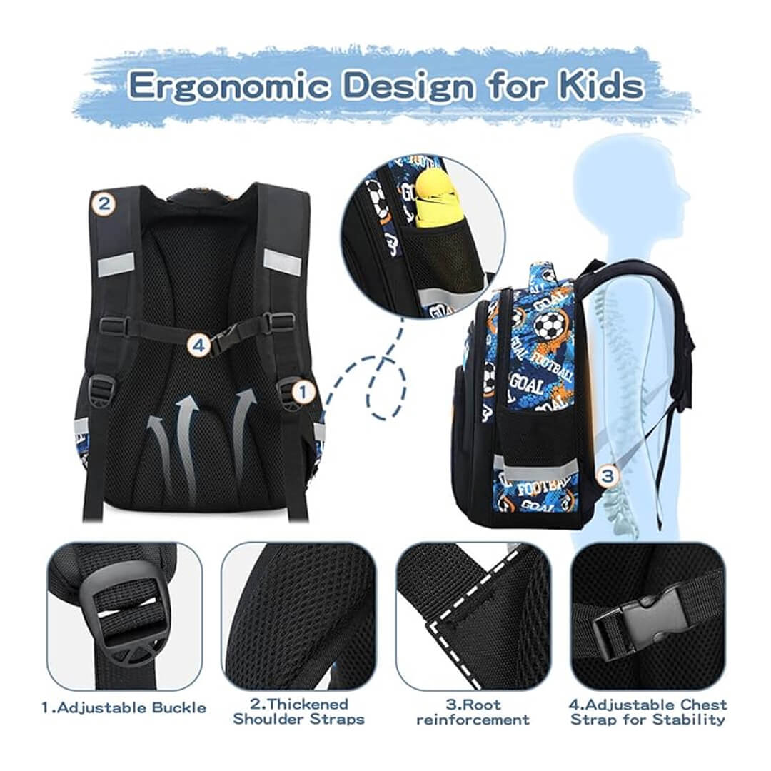 Football school backpack with adjustable buckle, thickened shoulder straps, root reinforcement, and adjustable chest strap.