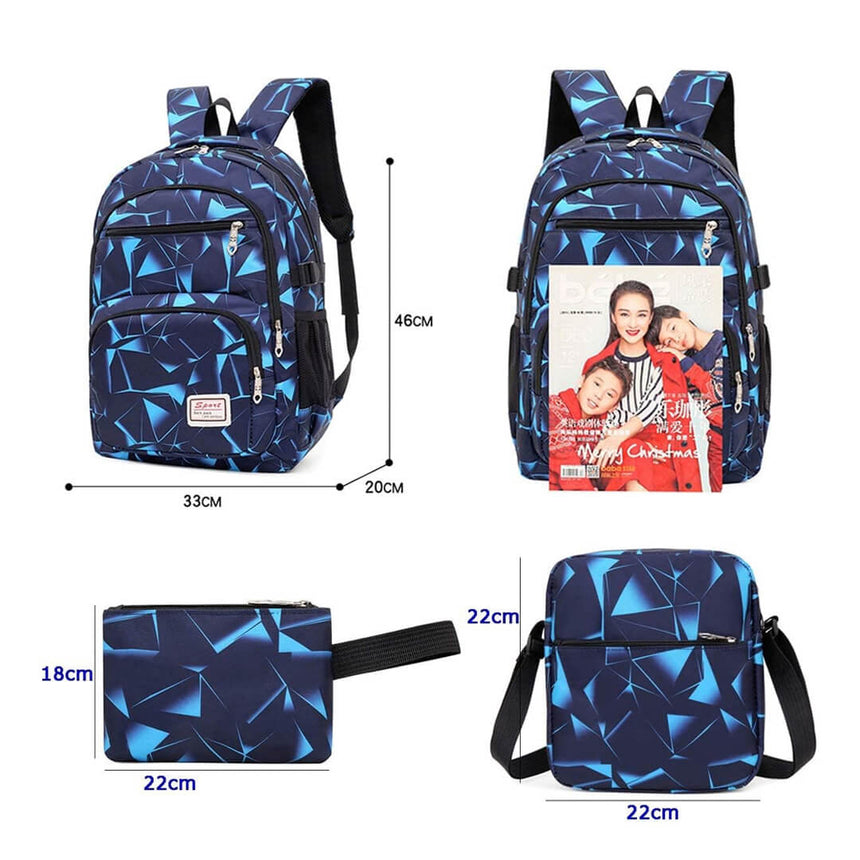 Blue geometric-patterned backpack 3-piece set with dimensions