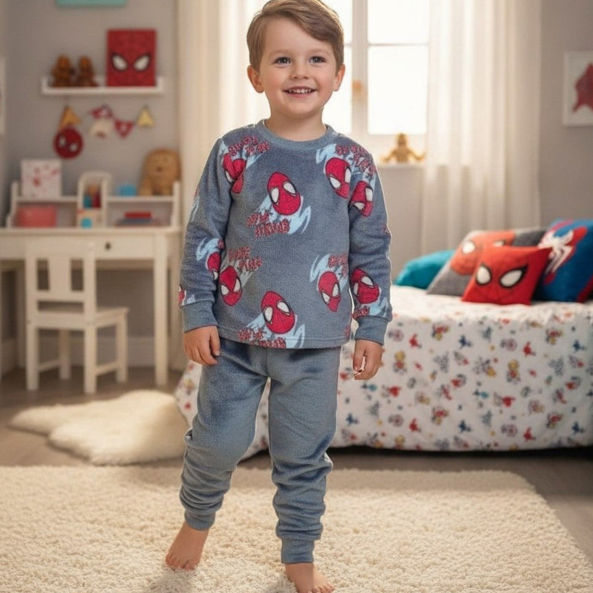 Boy in grey fleece spider print pajama set with matching grey pants, ages 1 to 6